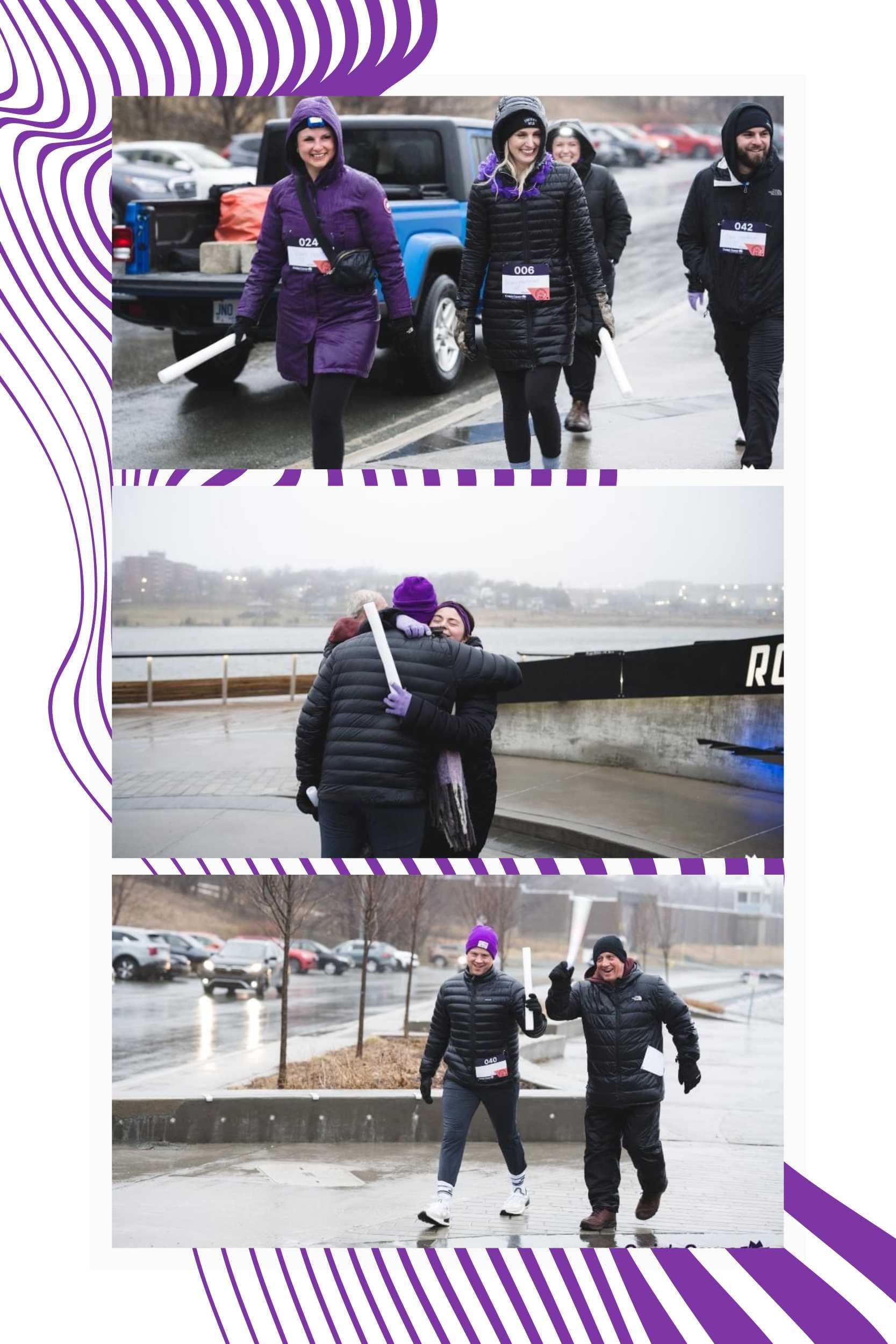 Three photos of people participating in an outdoor event on a rainy day. They are wearing coats and holding batons, embodying hope. The top and bottom photos show them walking, while the middle photo captures a heartfelt embrace, showcasing their family bond amidst the rain.