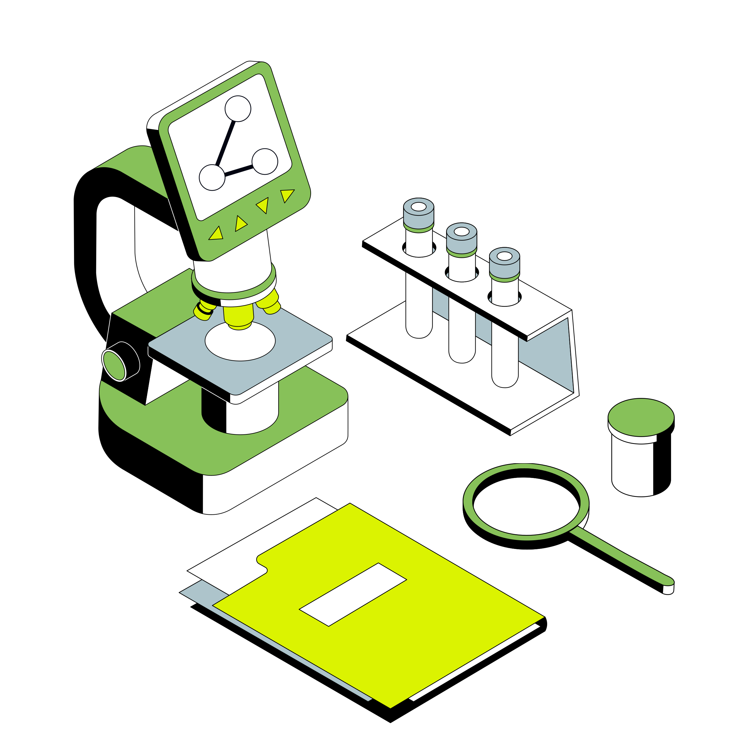 Illustration showing clinical trial toolset which research, notebook, and pills implying development of pancreatic cancer research.