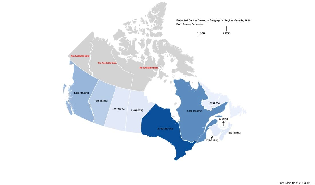 A map of Canada in shades of blue, with darker areas of Quebec and Ontario suffering the most deaths from Pancreatic Cancer this year.