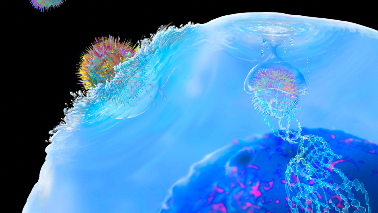 Illustration of a blue cell with spiky structures, a helix, and complex components, highlighting immunotherapy advances.