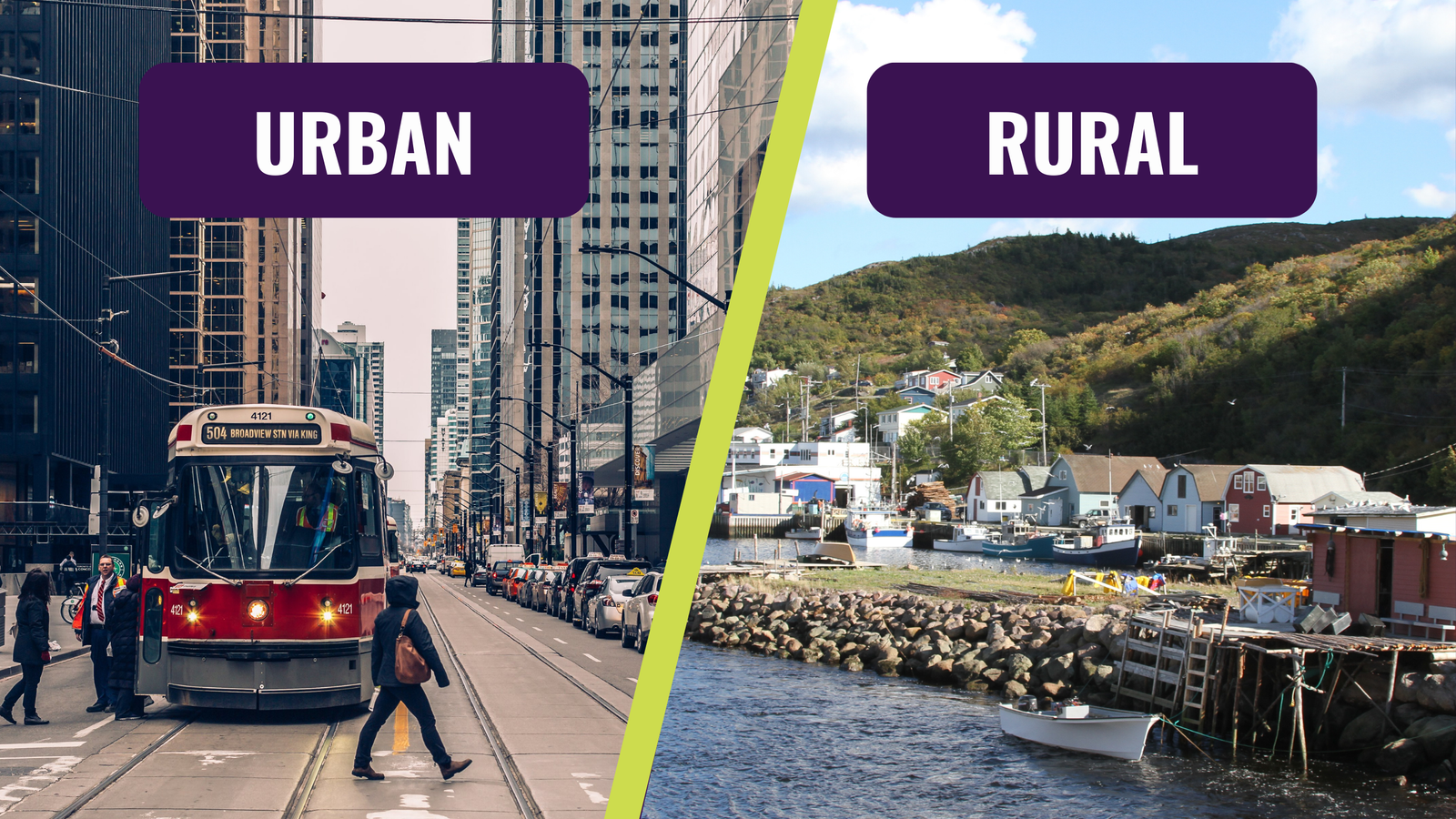 Split image comparing urban and rural. Left: Toronto, tall buildings, people. Right: Newfoundland boat, and houses by water.