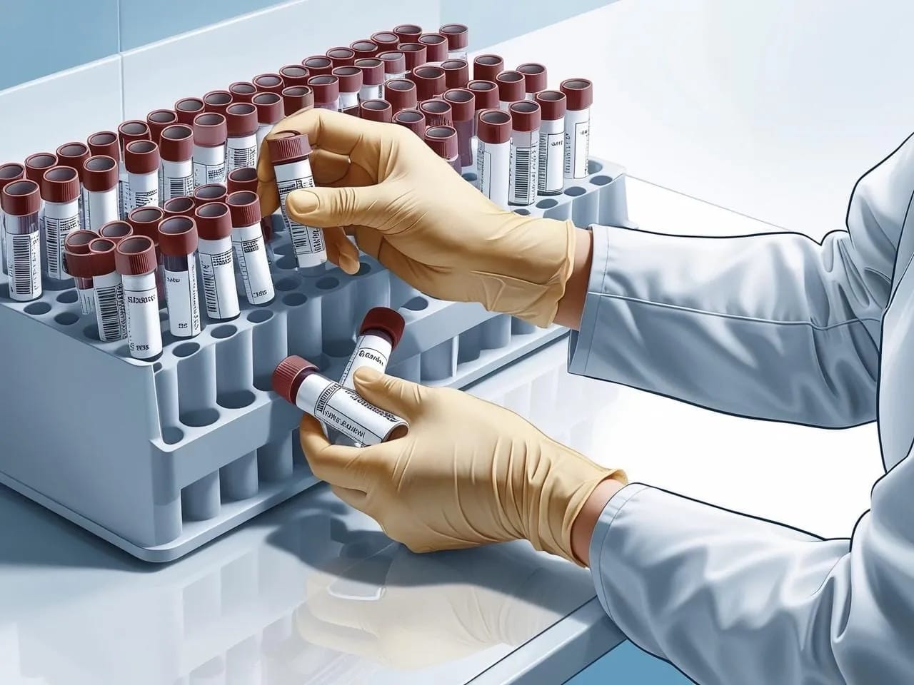 Gloved hands holding labelled blood sample tubes over a laboratory rack