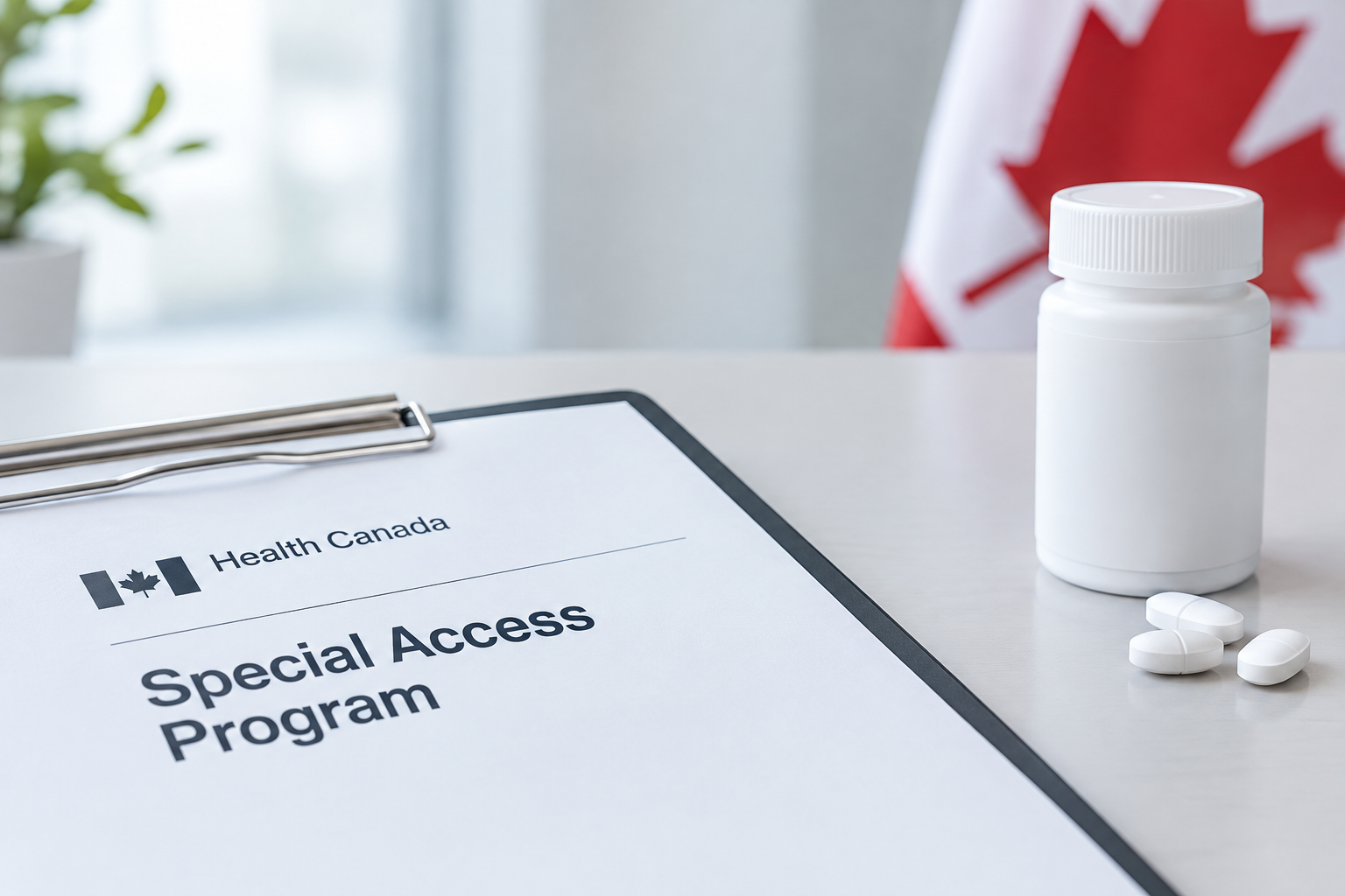 Special Access Program: Health Canada Special Access Program document beside a medication bottle and tablets, with a Canadian flag in the background.