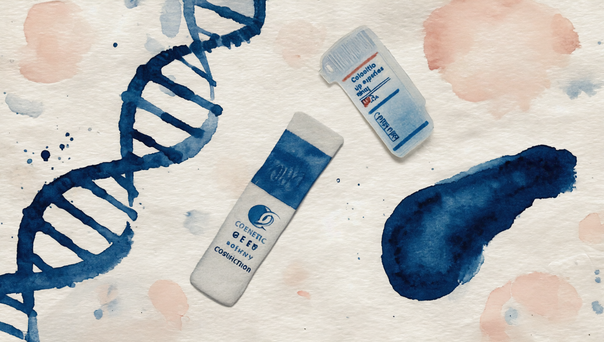 Watercolor illustration of DNA, genetic testing kit, and pancreas.