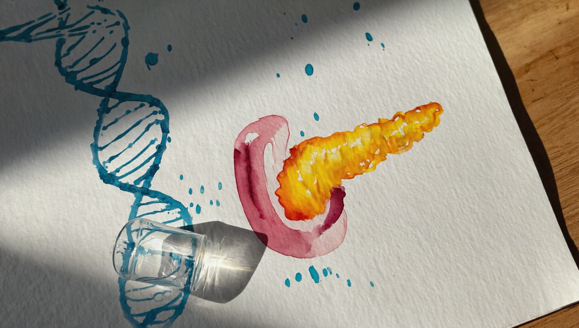 A simple flat-lay composition featuring a DNA strand, a saliva collection kit, and a stylized pancreas.