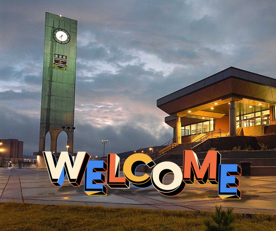 Memorial University clock tower and campus building at dusk in St. John’s, Newfoundland with a bold “WELCOME” graphic in the foreground.