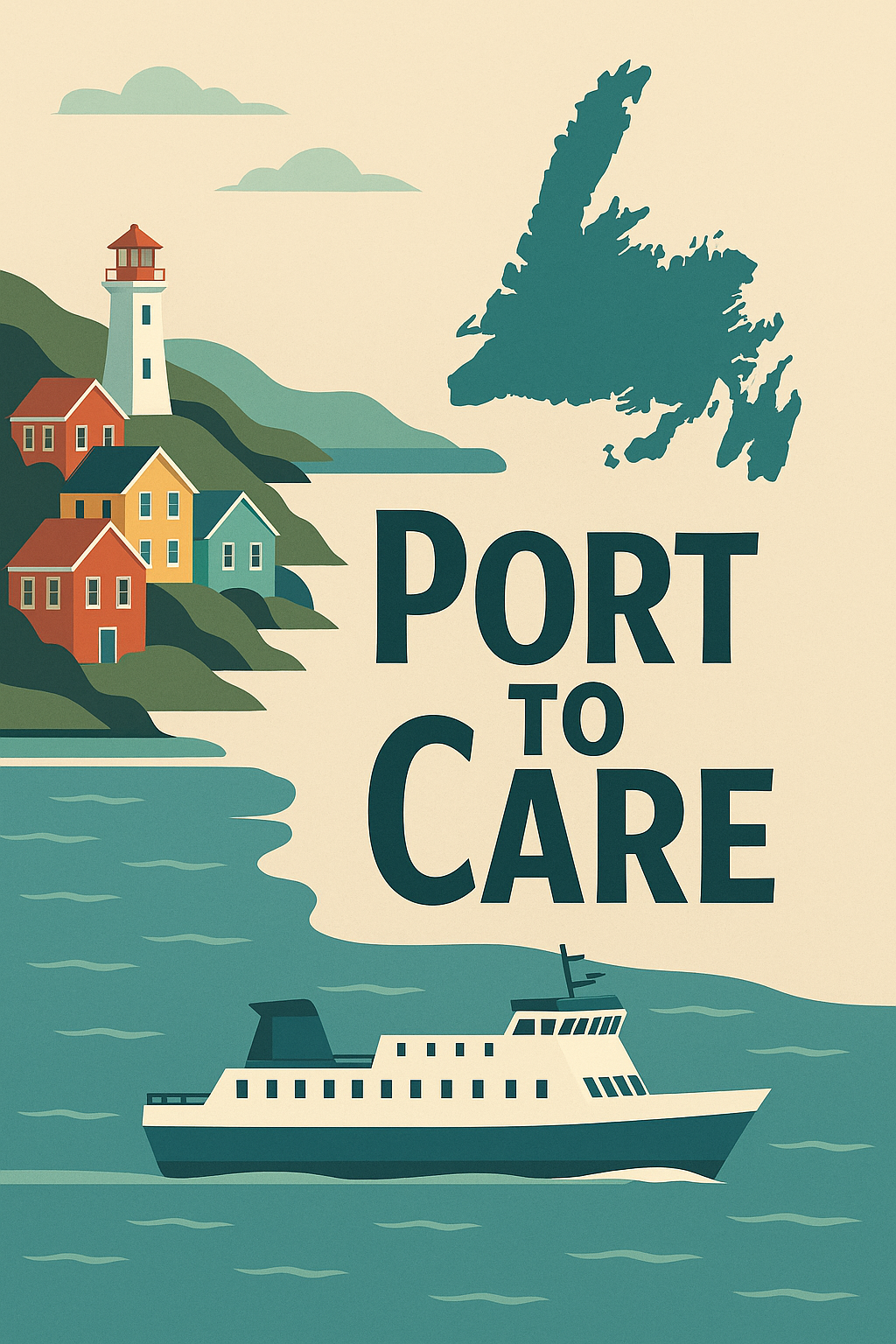 Illustration of a ferry, colourful coastal homes, a lighthouse, and a map of Newfoundland above the words “Port to Care.”