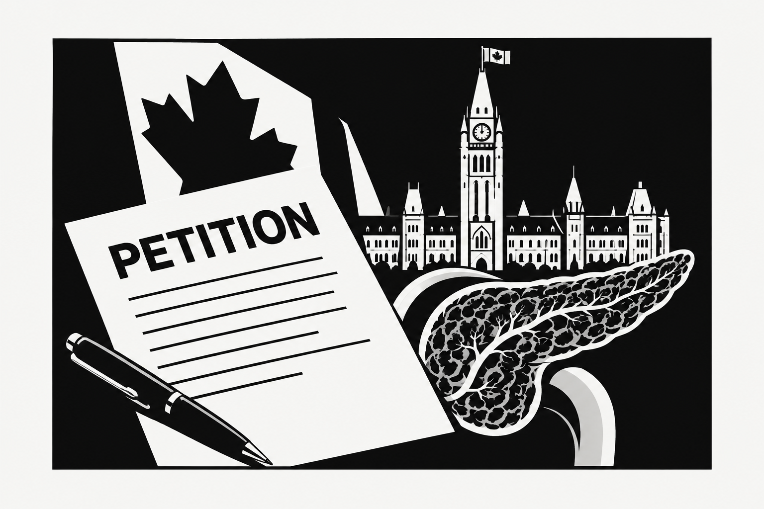 Black-and-white illustration of a petition document and pen beside a pancreas, with Canada's Parliament buildings behind.