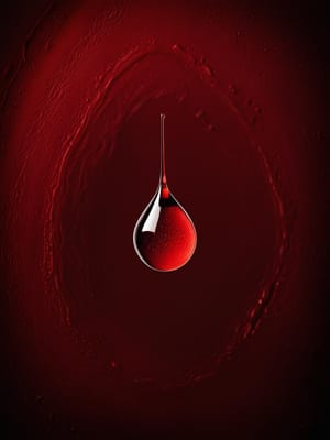 Dark red drop of blood symbolizing the complications of blood clotting in pancreatic cancer and its impact on patient health.