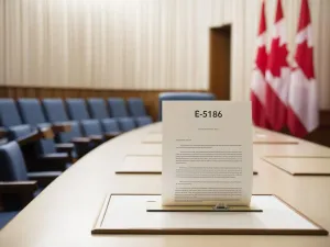 A close-up of Petition e-5186 in the House of Commons, with “E-5186” visible and Canadian flags.