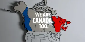A isometric map of Canada highlighting Atlantic Canada and other smaller provinces that don’t have access to clinical trials.