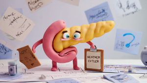 A claymation pancreas holding a petition clipboard for pancreatic cancer awareness and improved healthcare access.