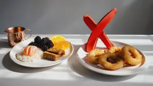  plates of food side by side with red X on one items, visually distinguishing chemo-friendly and non-friendly foods.