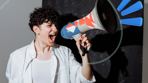 A young person with curly hair passionately shouts into a decorated megaphone, with animated blue sound lines, symbolizing advocacy and raising awareness